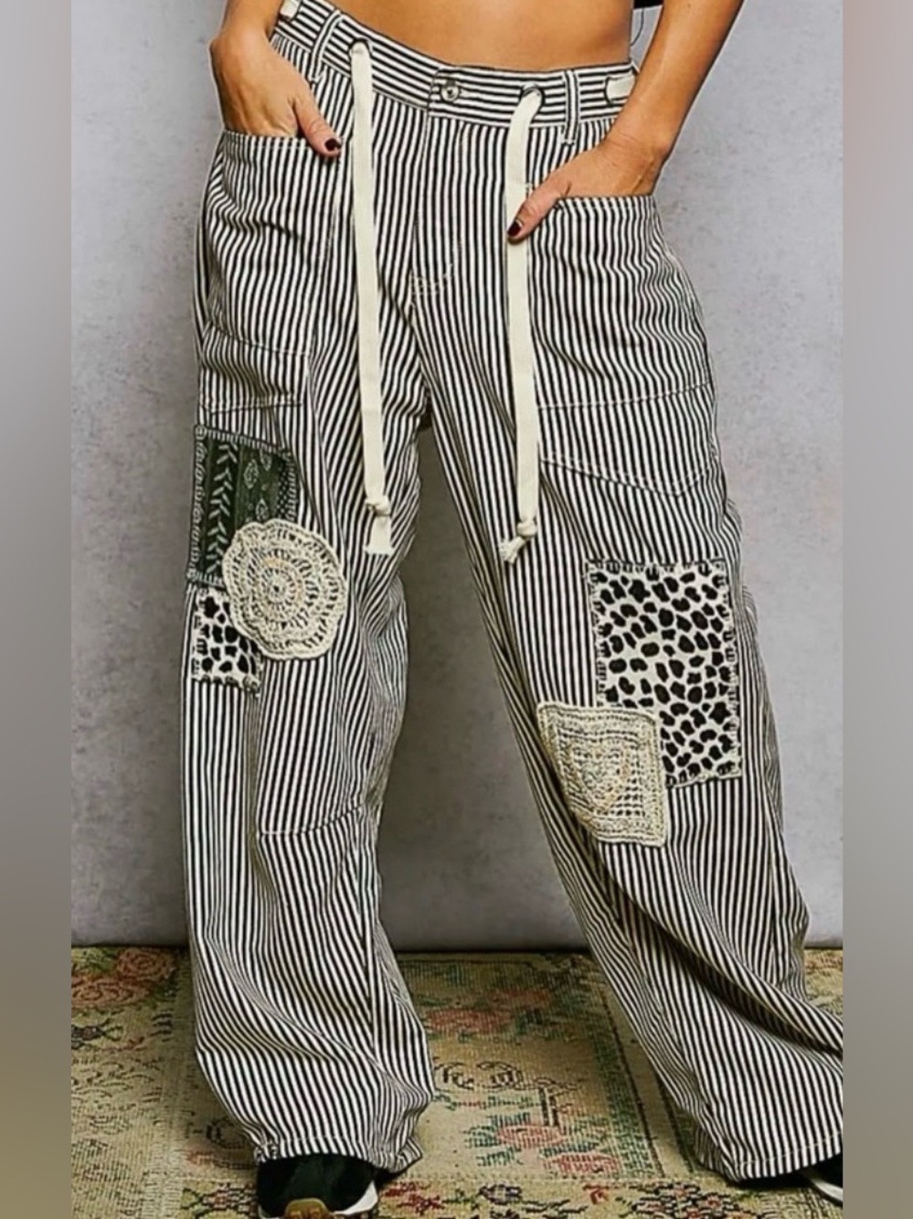 NEW spring collection: “The Zena”Black & White Striped Wide-Leg Patchwork Pants